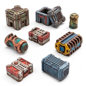 Puede incluir: Una colección de ocho cajas y contenedores de suministros de ciencia ficción en miniatura con acabados de pintura desgastada en tonos verde, azul, rojo y amarillo. El set incluye cajas rectangulares, bidones cilíndricos y una celda de energía.
