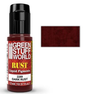 以下が含まれることがあります： 黒いキャップが付いた17mlのGreen Stuff World製ダークラスト液体顔料ボトル。ラベルにはGreen Stuff World、Rust、Liquid Pigments、2289 Dark Rustの文字が記載されています。暗い赤茶色の錆色の長方形の見本が表示されています。