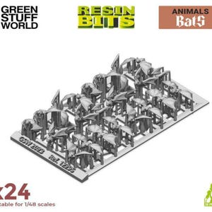 May include: A sprue of 24 miniature bat figurines, suitable for 1/48 scale models. The figures are grey and 3D printed. The packaging includes the text "ANIMALS Bats", "RESIN BITS", and "GSW 2023 Ref. 12295".