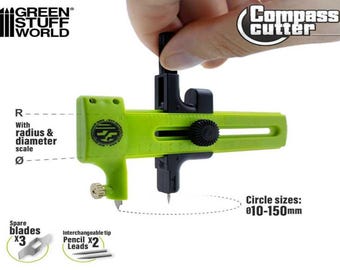 May include: A lime green compass cutter tool with black accents, designed for precision cutting. Features a radius and diameter scale, with circle sizes from 10-150mm. Includes spare blades and interchangeable pencil leads. The text "Compass Cutter" is visible.
