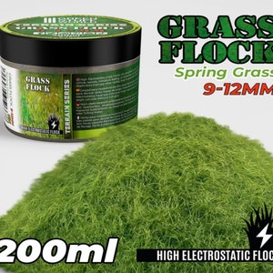 May include: A 200ml jar of green grass flock for model railroading and miniature gaming. The jar is labeled "GRASS FLOCK" and "TERRAIN SERIES". The flock is 9-12mm long and is described as "Spring Grass".