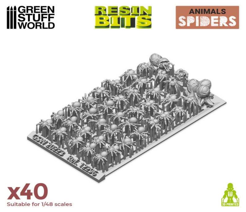 May include: A sheet of 40 gray resin spider miniatures, suitable for 1/48 scale models. The sheet is labeled "GSW20228 Ref. 12296" and "Animals Spiders".
