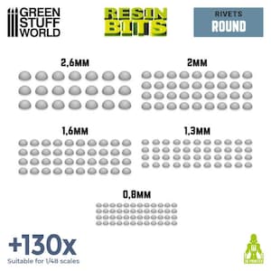 Op de afbeelding: Afbeelding van hars klinknagels in verschillende maten, waaronder 2,6 mm, 2 mm, 1,6 mm, 1,3 mm en 0,8 mm. De tekst "RIVETS ROUND" wordt boven de klinknagels weergegeven. De afbeelding bevat ook de tekst "+130x Suitable for 1/48 scales".