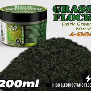 May include: A 200ml jar of dark green marsh grass flock, 4-6mm in size, for model railroading and terrain building. The jar is labeled "GRASS FLOCK" and "HIGH ELECTROSTATIC FLOCK".