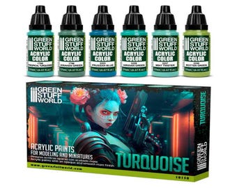Könnte beinhalten: Sechs 0,57 fl oz Flaschen Green Stuff World Acrylfarbe in Türkistönen. Die Flaschen sind mit dem Namen der Farbe und dem Green Stuff World Logo beschriftet. Das Set enthält Tropical Turquoise, Kraken Green, Preußisch Blau, Viridian Green, Mint Twister und Rotten Green. Das Set ist in einer Box mit türkisfarbenem Hintergrund und einer Frau mit türkisfarbenem Gesicht verpackt.