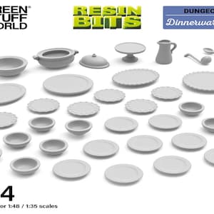 May include: A collection of 34 gray resin miniature dinnerware pieces, including plates, bowls, a pitcher, and serving spoons. The set is labeled "Dungeon Dinnerware Set" and is suitable for 1:48 and 1:35 scale models. The image includes the text "RESIN BITS".