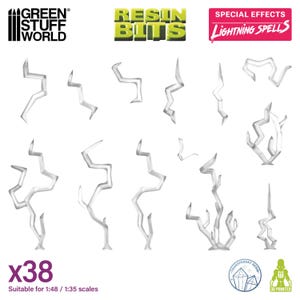 May include: A collection of 38 transparent resin lightning bolt models for miniature figures. The models are 3D printed and suitable for 1:48 and 1:35 scale models. The image includes the text "RESIN BITS" and "LIGHTNING SPELLS".