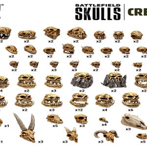Può includere: Una collezione di teschi in miniatura e teste di creature di varie forme e dimensioni. L'immagine include il testo "BATTLEFIELD SKULLS CREATURES" e "GREEN STUFF WORLD". I teschi sono in tonalità marroni e beige.