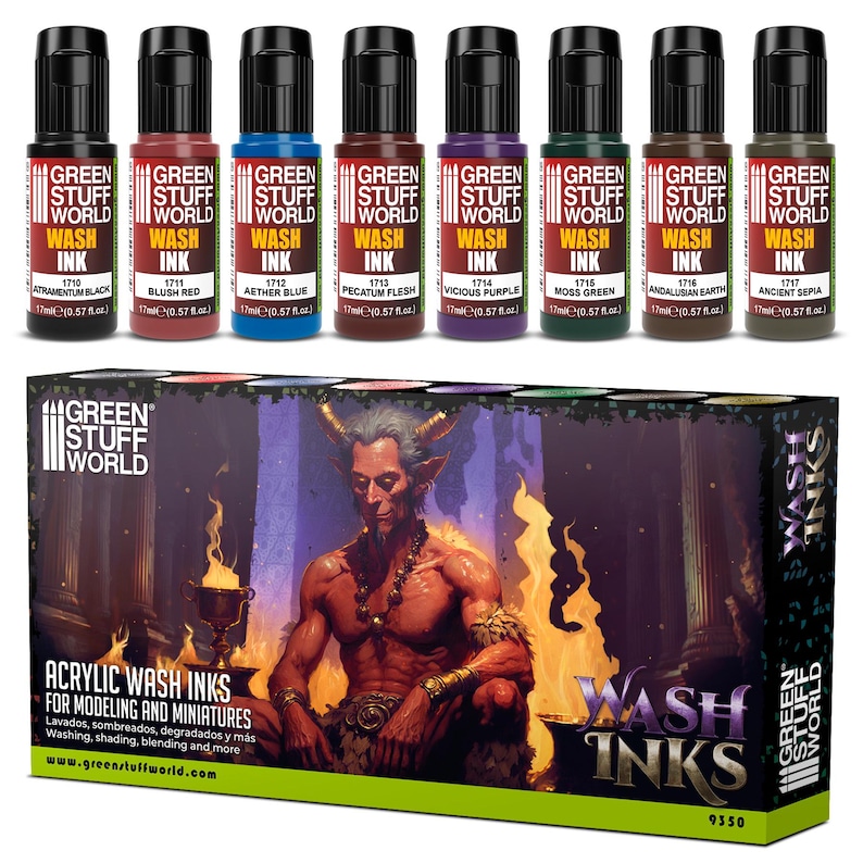 Set 8x Wash Inks - Brush and Airbrush Acrylic Paints Shading compatible with Wargames Wargaming Miniatures Painting image 1