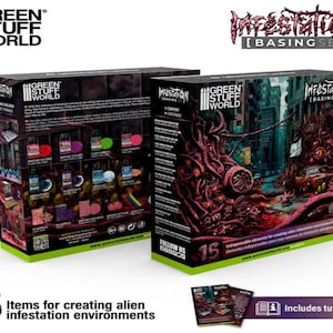 May include: A box of 15 items for creating alien infestation environments. The box features a green and black design with the text "Green Stuff World" and "Infestation Basing Set". The box includes a variety of paints, textures, and other materials for creating realistic alien infestation scenes.