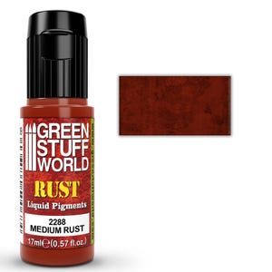 以下が含まれることがあります： 黒いキャップが付いた17ml入りのGreen Stuff World Medium Rust液体顔料ボトル。ラベルにはGreen Stuff World、Rust、2288 Medium Rustの文字が記載されています。右側には、暗い赤茶色の錆色の長方形の見本が表示されています。