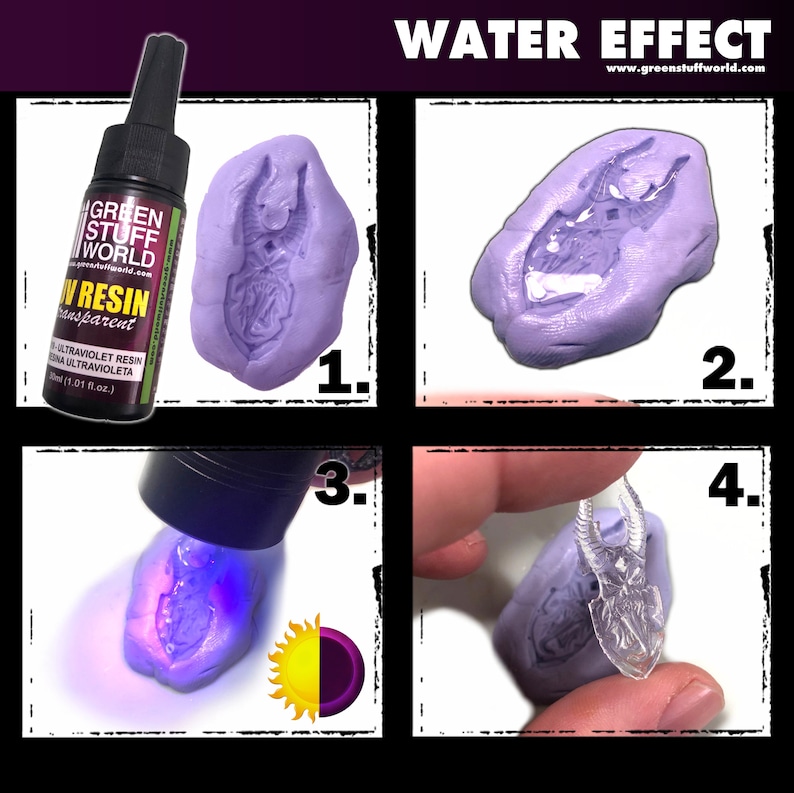 Op de afbeelding: Vier stappen die laten zien hoe je UV-hars kunt gebruiken om een ​​watereffect te cre&euml;ren. In de eerste stap wordt een fles UV-hars getoond. De tweede stap toont een paarse mal met een gietvorm van helder hars. De derde stap toont een UV-licht dat het hars uithardt. De laatste stap toont het eindproduct, een helder harsstuk met een watereffect.