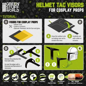 May include: A step-by-step tutorial on how to make helmet visor props for cosplay. The tutorial includes images of the process, including cutting, shaping, and attaching the visor to a helmet. The text includes the words "Helmet Tac Visors for Cosplay Props".