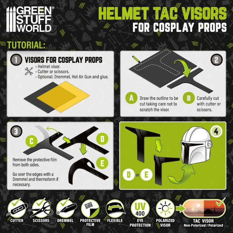 May include: A step-by-step tutorial on how to make helmet visor props for cosplay. The tutorial includes images of the process, including cutting, shaping, and attaching the visor to a helmet. The text includes the words "Helmet Tac Visors for Cosplay Props".