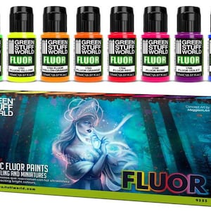 Set 8x Fluor Paints - Brush and Airbrush Fluorescent Acrylic Paints model paints black Light for dioramas and miniature painting Wargames