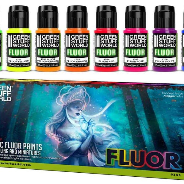 Set 8x Fluor Paints - Brush and Airbrush Fluorescent Acrylic Paints model paints black Light for dioramas and miniature painting Wargames