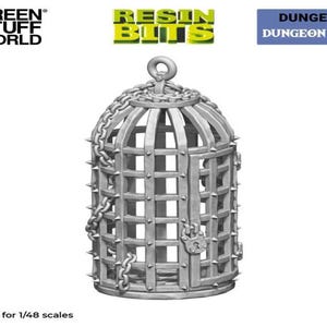May include: A gray metal dungeon cage with a hinged door and a padlock. The cage is made of bars and has spikes on the bottom. The cage is hanging from a chain.