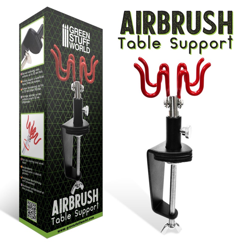 K&ouml;nnte beinhalten: Schwarzer Airbrush-Tischst&auml;nder mit einem roten, flexiblen, mehrarmigen Halter. Der St&auml;nder verf&uuml;gt &uuml;ber eine Klemme, um ihn an einem Tisch oder Schreibtisch zu befestigen. Das Produkt ist mit "Airbrush Table Support" und "Green Stuff World" gekennzeichnet.