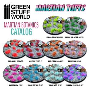May include: A catalog of Martian Tufts, a line of artificial grass tufts for model making and miniature gaming. The catalog shows ten different colors of tufts, including orange, purple, pink, blue, and green.