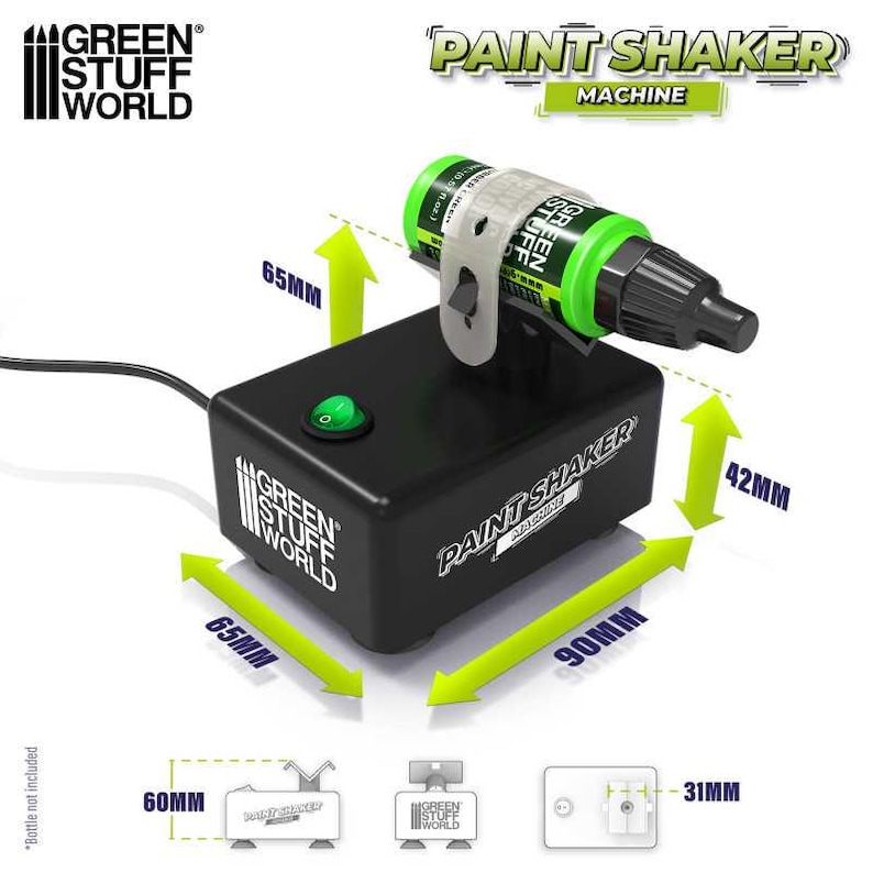 Pode incluir: Uma m&aacute;quina de agitar tinta preta com um bot&atilde;o de energia verde e um frasco de tinta verde preso em uma bra&ccedil;adeira branca. A m&aacute;quina &eacute; rotulada como "PAINT SHAKER MACHINE" e mede 90 mm x 65 mm x 42 mm.