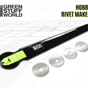 May include: Black and green hobby rivet maker tool with four different sized metal rivet making discs. The tool has a green handle and the text "GREEN STUFF WORLD" is printed on the tool. The text "HOBBY RIVET MAKER" is printed above the tool.
