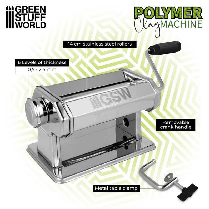 May include: A silver polymer clay machine with a removable crank handle and a metal table clamp. The machine has 6 levels of thickness, from 0.5 to 2.5 mm, and 14 cm stainless steel rollers. The machine is labeled "GSW".