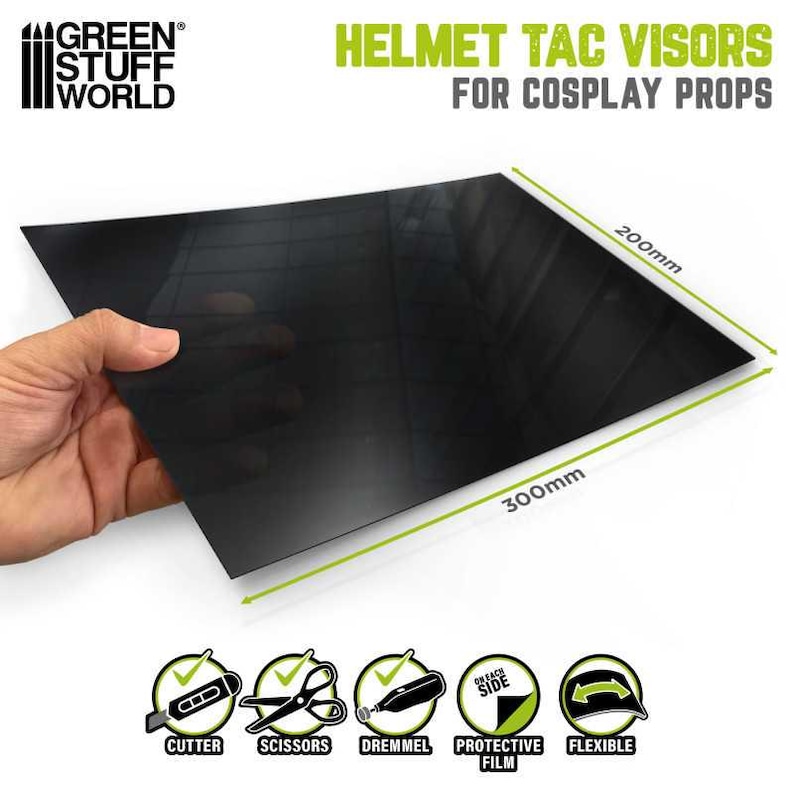 May include: A black sheet of protective film, measuring 300mm by 200mm, for use in crafting cosplay helmet visors. The film is flexible and can be cut with a cutter, scissors, or a Dremel tool.  It has a protective film on each side.