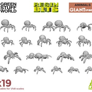 Op de afbeelding: Een verzameling van 19 miniatuurmodellen van reuzenspinnen, geschikt voor schaal 1:48. De spinnen zijn grijs en hebben gedetailleerde, getextureerde lichamen en meerdere poten. De tekst "RESIN BITS" en "ANIMALS GIANT SPIDERS" is inbegrepen.
