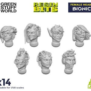 May include: A set of 14 3D printed female heads with a futuristic, biomechanical design. The heads are suitable for 1/48 scale models. The text "RESIN BITS FEMALE HEADS BIONIC" is visible in the image.