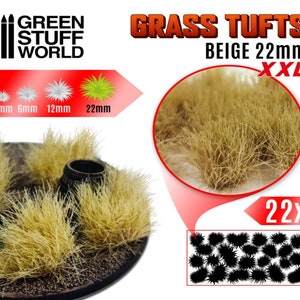 May include: Beige 22mm XXL grass tufts for model making. The tufts are made of a soft, natural-looking material and are perfect for adding a touch of realism to your models. The image shows a close-up of the tufts, as well as a sample of how they would look on a model.