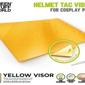May include: A yellow transparent visor sheet for cosplay props. The sheet is 200mm x 300mm x 0.6mm and has a protective film on each side. It offers UV400 eye protection and a polarized visor.