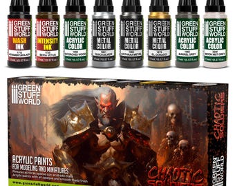 May include: A set of eight 0.57 fl. oz. Green Stuff World paint bottles including wash ink, intensity ink, and acrylic colors, displayed above a rectangular box featuring a fantasy warrior illustration and the text Chaotic Soldiers.