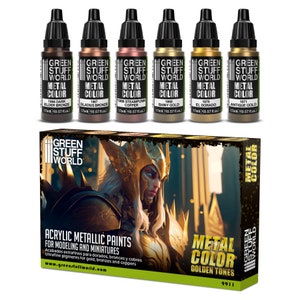 Set 6x Metal Paints GOLD - Brush and Airbrush Acrylic Metallic paints compatible with Wargames Wargaming Miniatures Painting