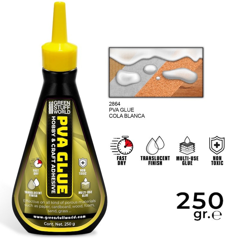 K&ouml;nnte beinhalten: Eine schwarze und gelbe PVA-Klebstoffflasche mit dem Text "PVA GLUE" und "HOBBY & CRAFT ADHESIVE". Die Flasche hat eine gelbe D&uuml;se und enth&auml;lt 250 Gramm Klebstoff. Merkmale sind schnelles Trocknen, transparente Oberfl&auml;che, Mehrzweck und ungiftig.