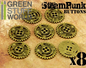 8 Boutons Rouages Dentés Doré Antique - 22 Mm - Motif Steampunk - Neuf