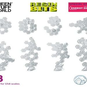 Peut inclure: Huit pièces d'énergie transparentes en plastique pour modèles à l'échelle 1/48. Les pièces sont en résine et sont conçues pour ressembler à des boucliers énergétiques. Les pièces conviennent à une variété de modèles, y compris les modèles de science-fiction et de fantasy. Les pièces sont imprimées avec le texte "RESIN BLITS" et "SPECIAL EFFECTS ENERGY SHIELDS".