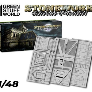 May include: A set of three gray silicone molds for creating stonework details. The molds are designed for 1/48 scale models and feature various stonework patterns, including arches, walls, and floors. The molds are packaged in a box with the Green Stuff World logo and the text "Stonework Silicone Molds".