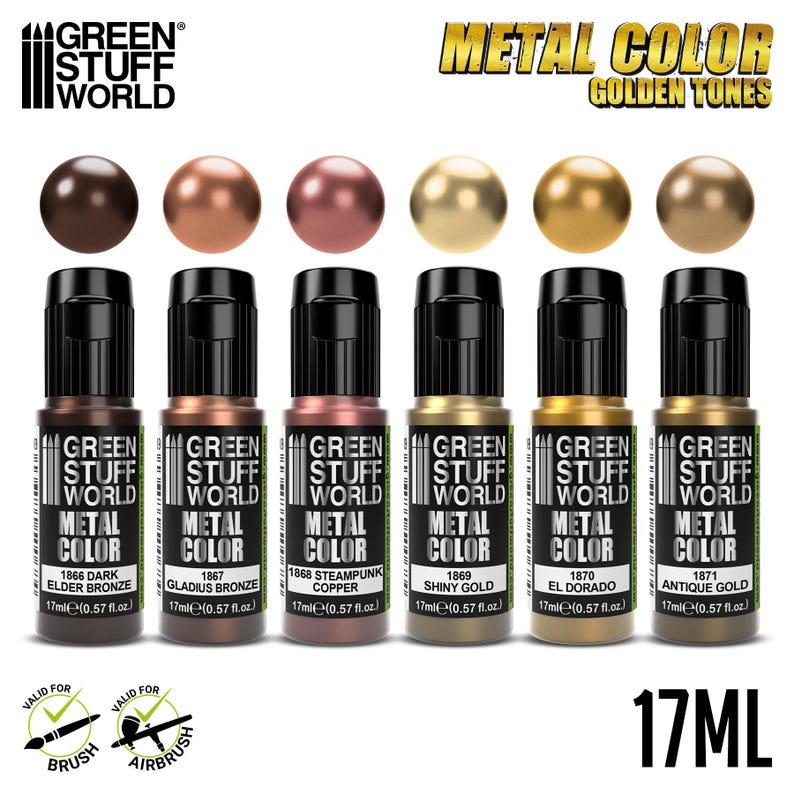 Set 6x Metal Paints GOLD - Brush and Airbrush Acrylic Metallic paints compatible with Wargames Wargaming Miniatures Painting image 2