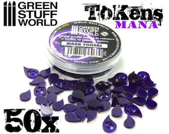 May include: A clear plastic container filled with purple acrylic Mana tokens, with a teardrop shape and the number 5 etched on some. The image also shows loose tokens and the text "Tokens Mana". The brand name "Green Stuff World" is visible.