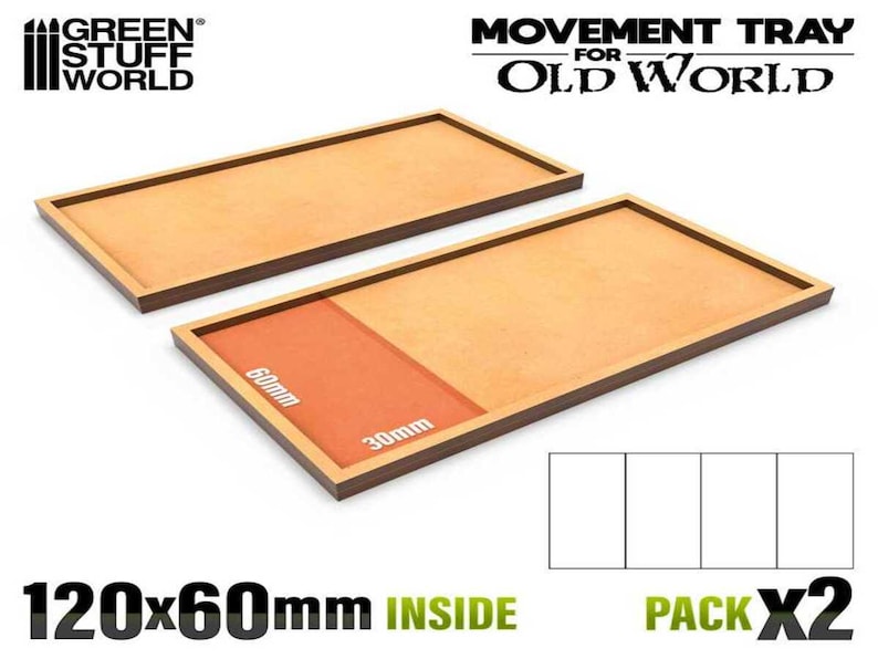 Pode incluir: Duas bandejas de movimento de madeira castanho para jogos de tabuleiro. Cada bandeja mede 120 mm x 60 mm por dentro e tem uma sec&ccedil;&atilde;o laranja de 30 mm x 60 mm. As bandejas s&atilde;o etiquetadas como "Movement Tray for Old World" e "Pack x2".
