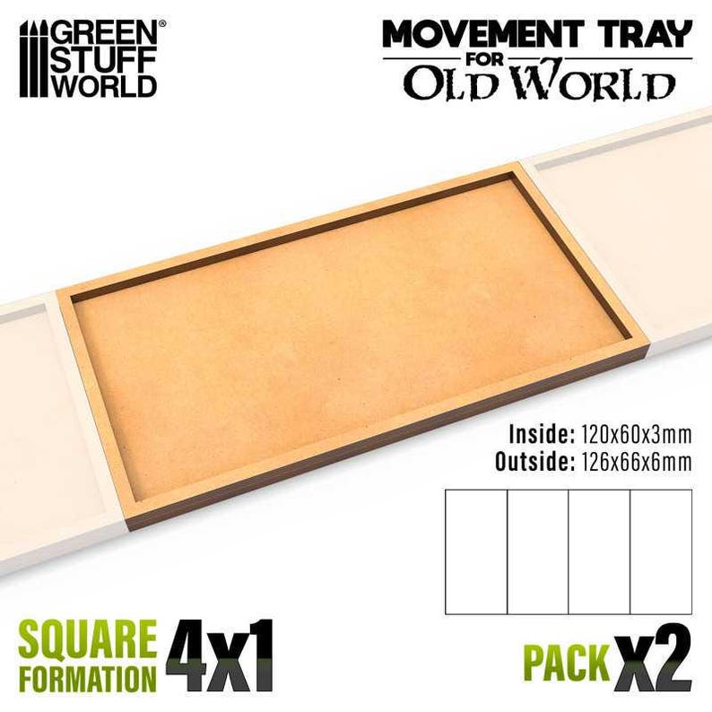 Pode incluir: Um pacote de duas bandejas de movimento de madeira para o jogo Old World. Cada bandeja mede 120x60x3mm por dentro e 126x66x6mm por fora. As bandejas est&atilde;o dispostas em uma forma&ccedil;&atilde;o quadrada de 4x1.
