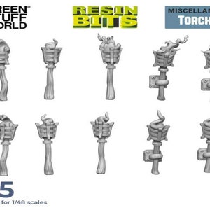 May include: A set of 15 resin torch models for 1/48 scale miniatures. The torches are in various styles, including wall-mounted and handheld versions. The models are unpainted and ready to be assembled.