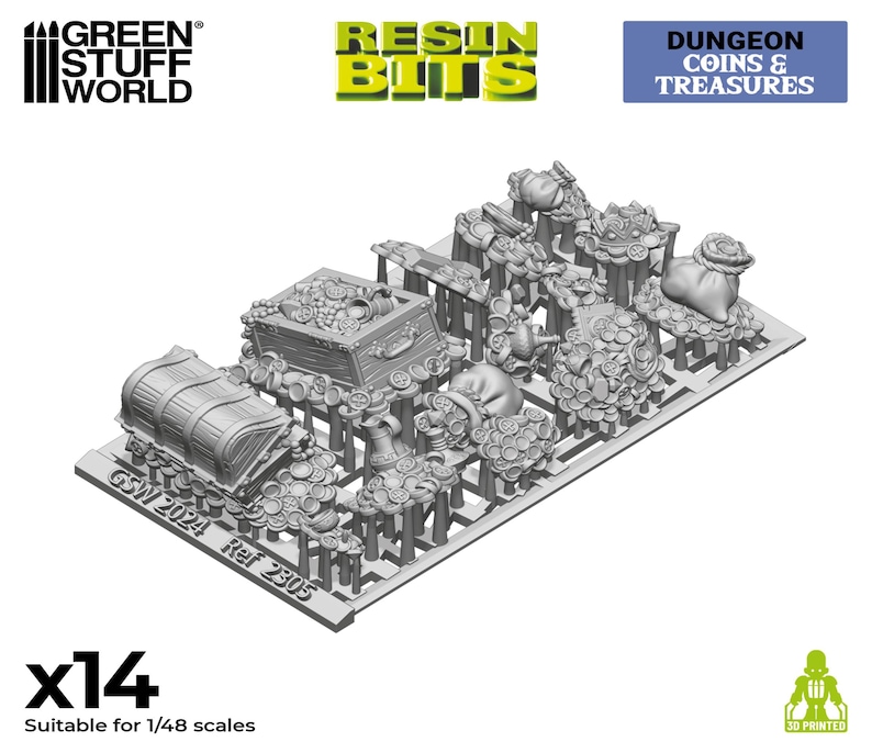 May include: A set of 14 resin dungeon coins and treasures for 1/48 scale models. The set includes a variety of coins, bags of gold, and a treasure chest.