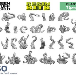 Può includere: Una collezione di 30 spine di piante in resina, adatte per modelli in scala 1/48. L'immagine presenta vari design di spine, con il testo "RESIN BITS" e "PLANTS Thorns". Il prodotto è stampato in 3D.