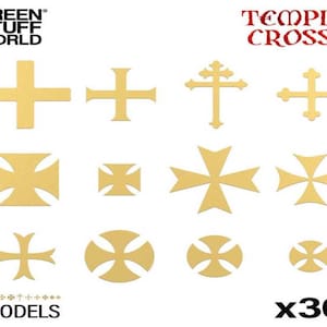 May include: A set of 12 different gold Templar cross designs, with the text "TEMPLAR CROSSES" and "x300" printed on the image.  The text "GREEN STUFF WORLD" and "12 MODELS" is also printed on the image.