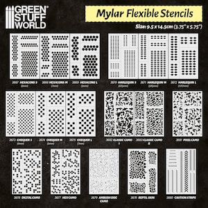 May include: A collection of Mylar flexible stencils with various patterns, including hexagons, checkerboards, and camouflage designs. The stencils are sized at 3.75" x 5.75" and are labeled with product numbers and pattern names for easy identification.