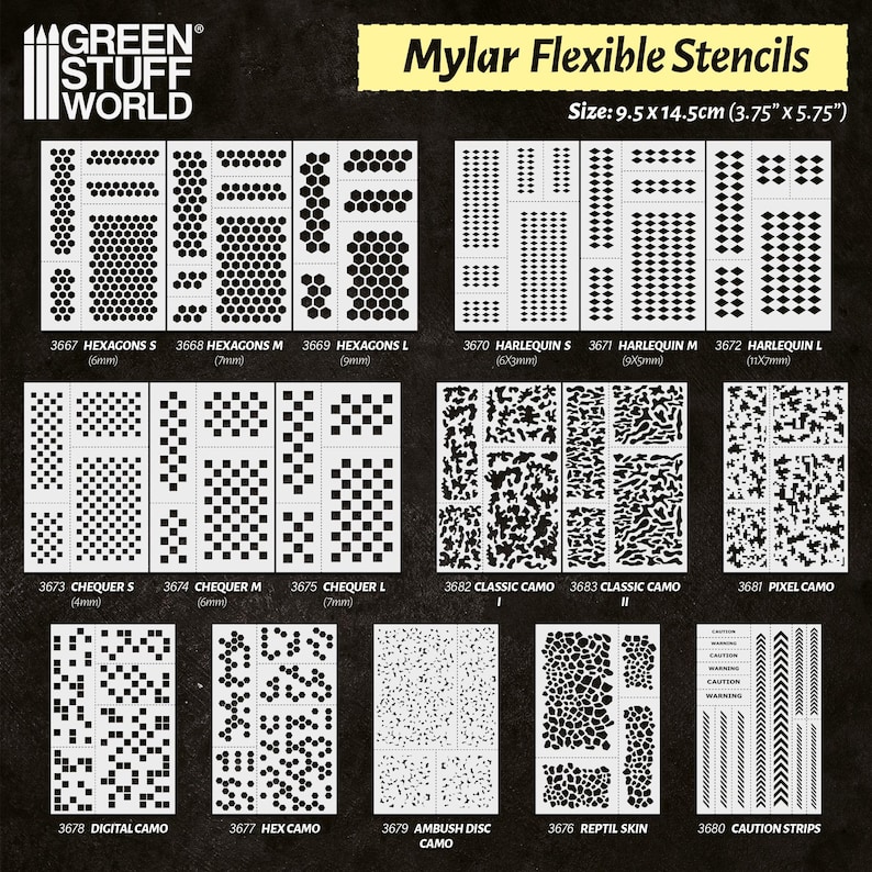 May include: A collection of Mylar flexible stencils with various patterns, including hexagons, checkerboards, and camouflage designs. The stencils are sized at 3.75" x 5.75" and are labeled with product numbers and pattern names for easy identification.