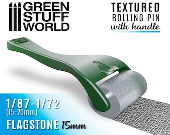 May include: Green rolling pin with a handle for creating textured flagstone patterns. The pin is designed for 1/87 to 1/72 scale models and creates flagstones that are 15 mm wide.