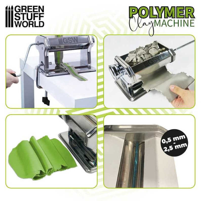 May include: A silver polymer clay machine with a crank handle. The machine has a roller with adjustable thickness settings from 0.5 mm to 2.5 mm. The machine is shown with green and gray clay being rolled through it.