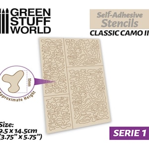 May include: A sheet of self-adhesive stencils for creating a classic camo pattern. The stencils are made of a beige material and feature a series of irregular shapes. The sheet measures 9.5 cm by 14.5 cm. The text "CLASSIC CAMO II" and "SERIE 1" is printed on the sheet.